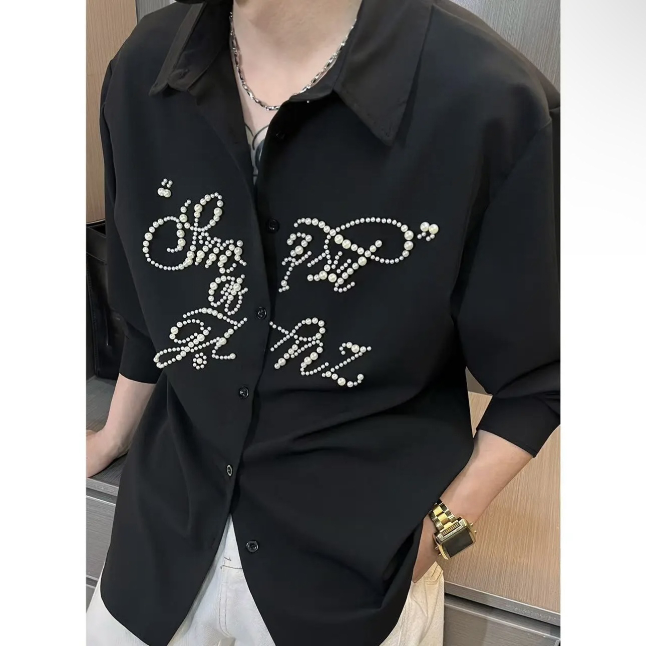 衬衣G209男士高品质重工珍珠字母宽松衬衣衬衫