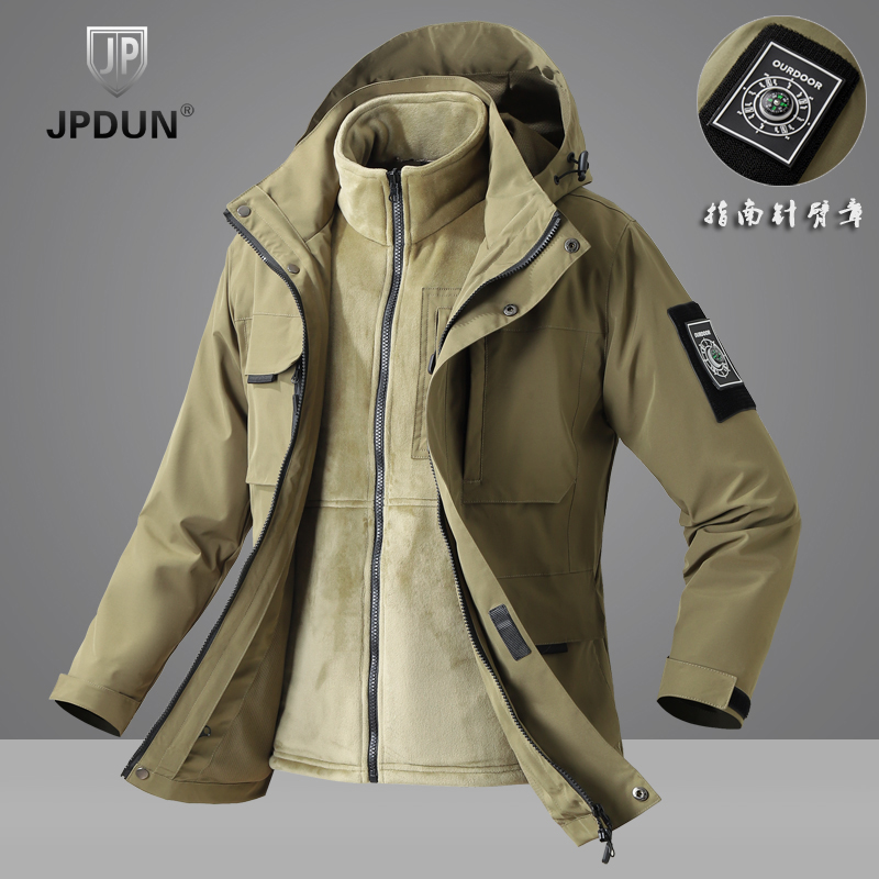 JPDUN秋冬三合一可拆卸帽风衣男款防水透气徒步登山户外运动外套