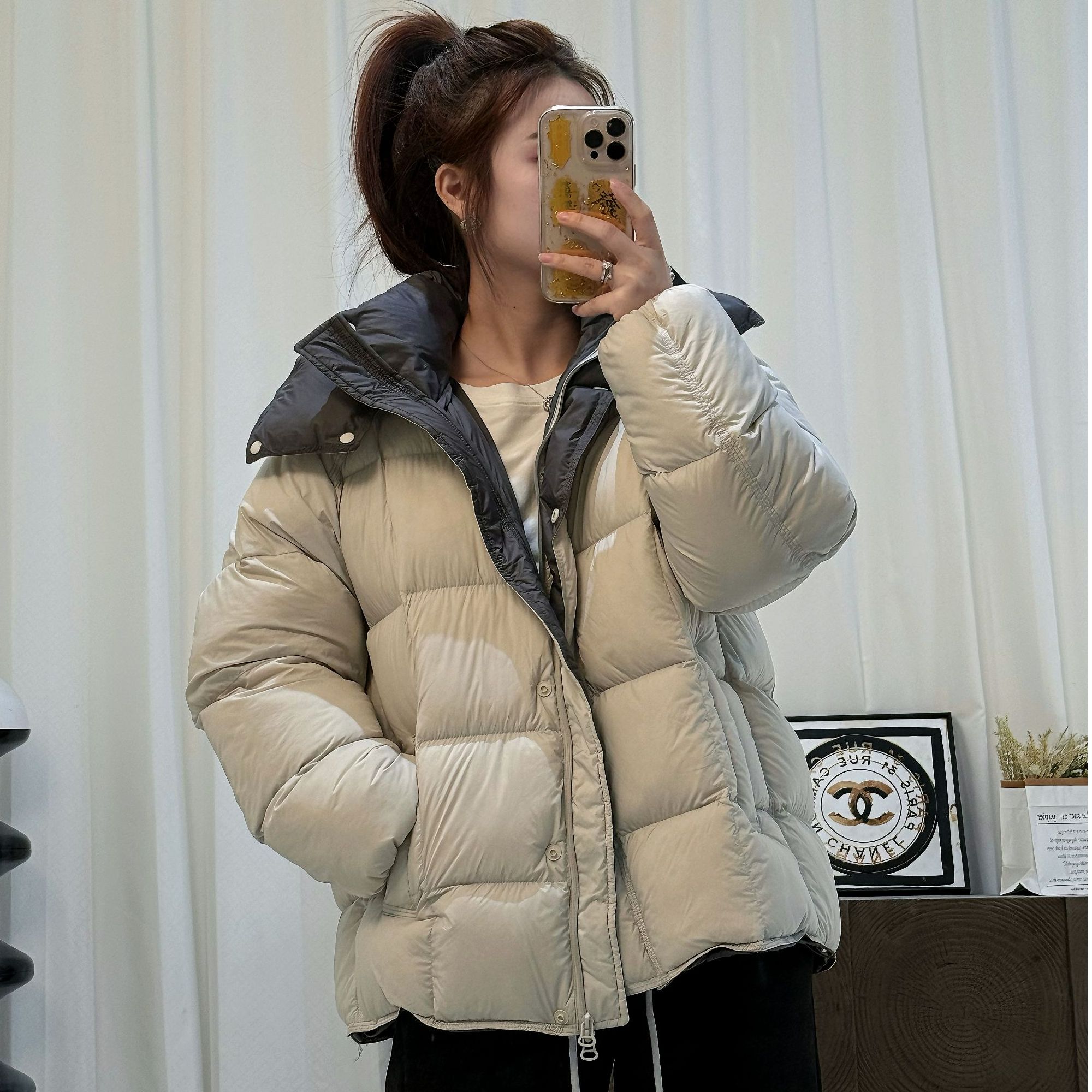  2025短款拼接连帽女式双面休闲羽绒服冬季厚纯色外套