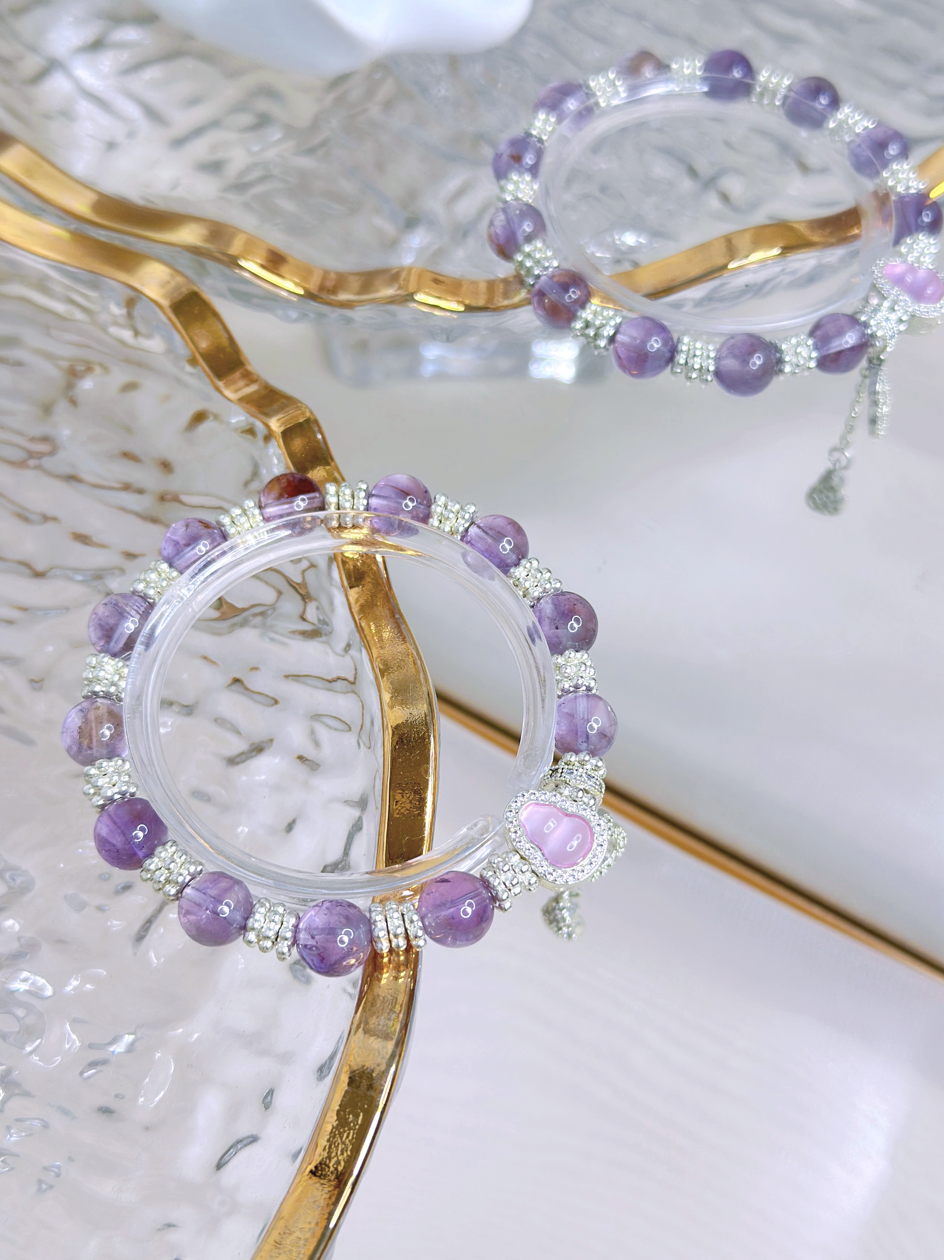 紫福天然巴西紫水晶紫色中性幻彩银色拼色手链手串女款轻奢百搭