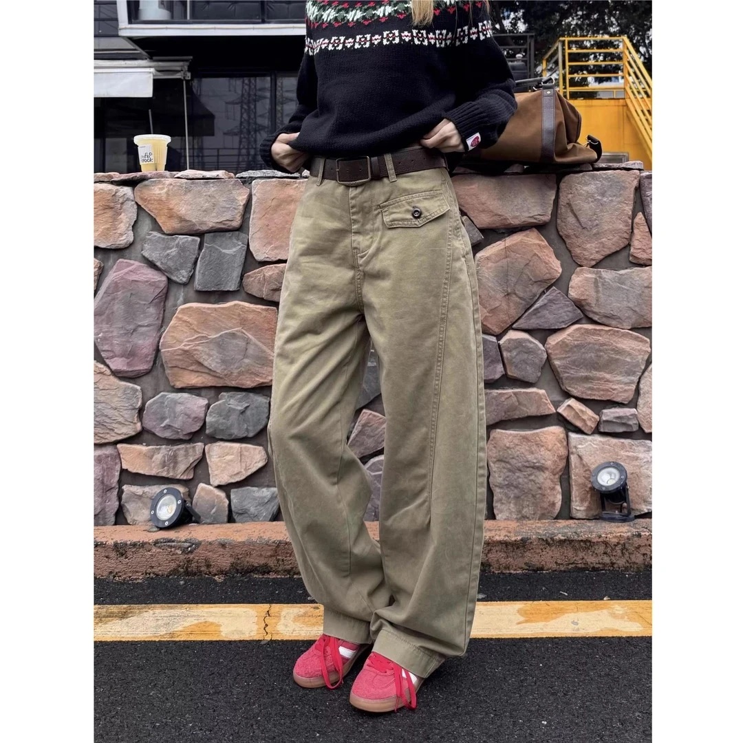 秋冬新款美式复古口袋设计感宽松百搭显瘦休闲裤拖地裤