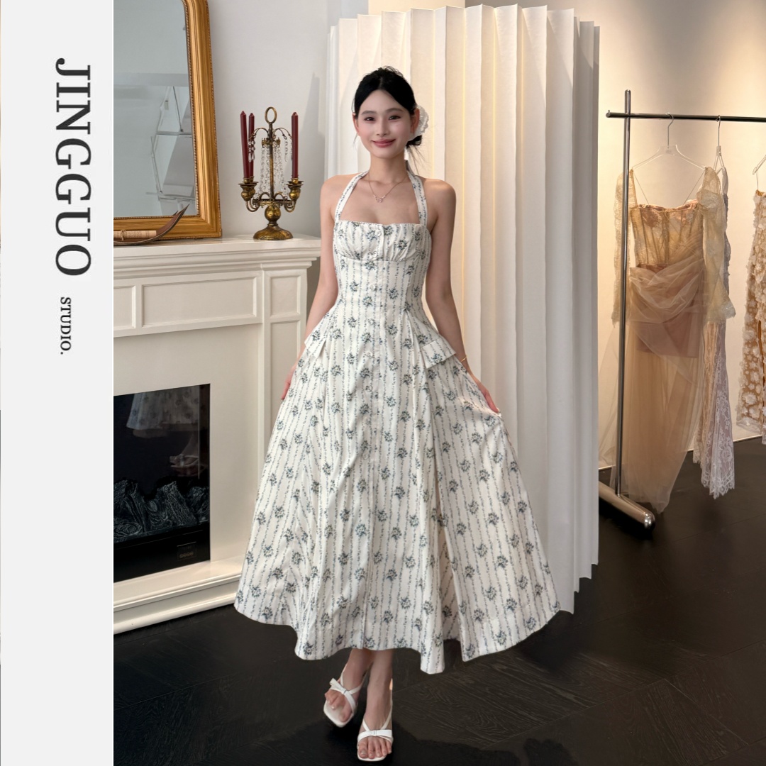 【JINGGUO轻奢】小众设计感法式甜美挂脖优雅小菊碎花连衣裙7404