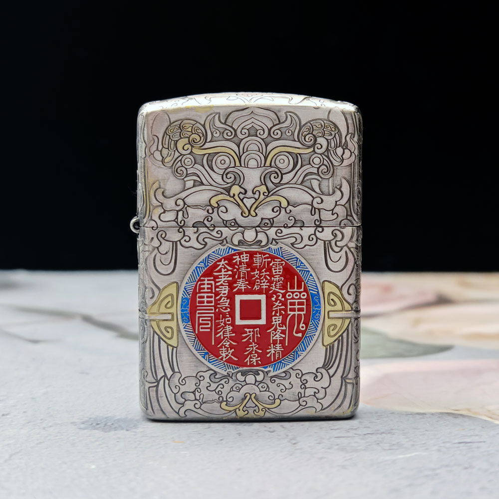 Zippo打火机正版盔甲熏银填珐琅彩山鬼花钱 防风男士送礼DYJ1