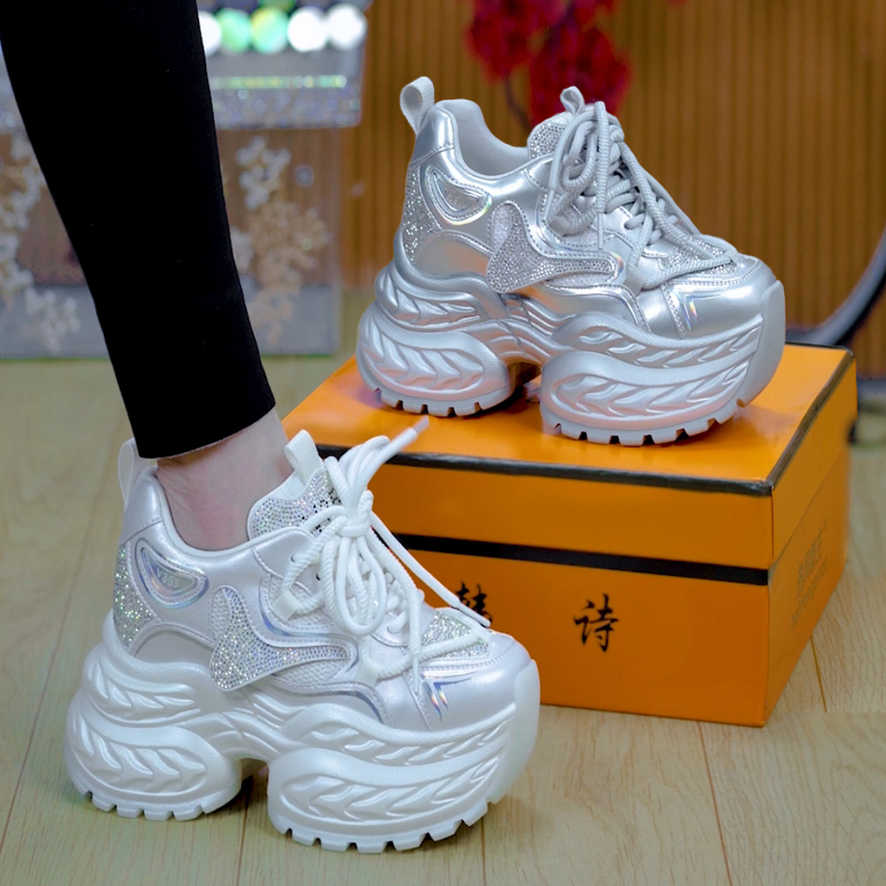 10cm小个子水钻厚底老爹鞋女潮2025百搭增高休闲运动鞋