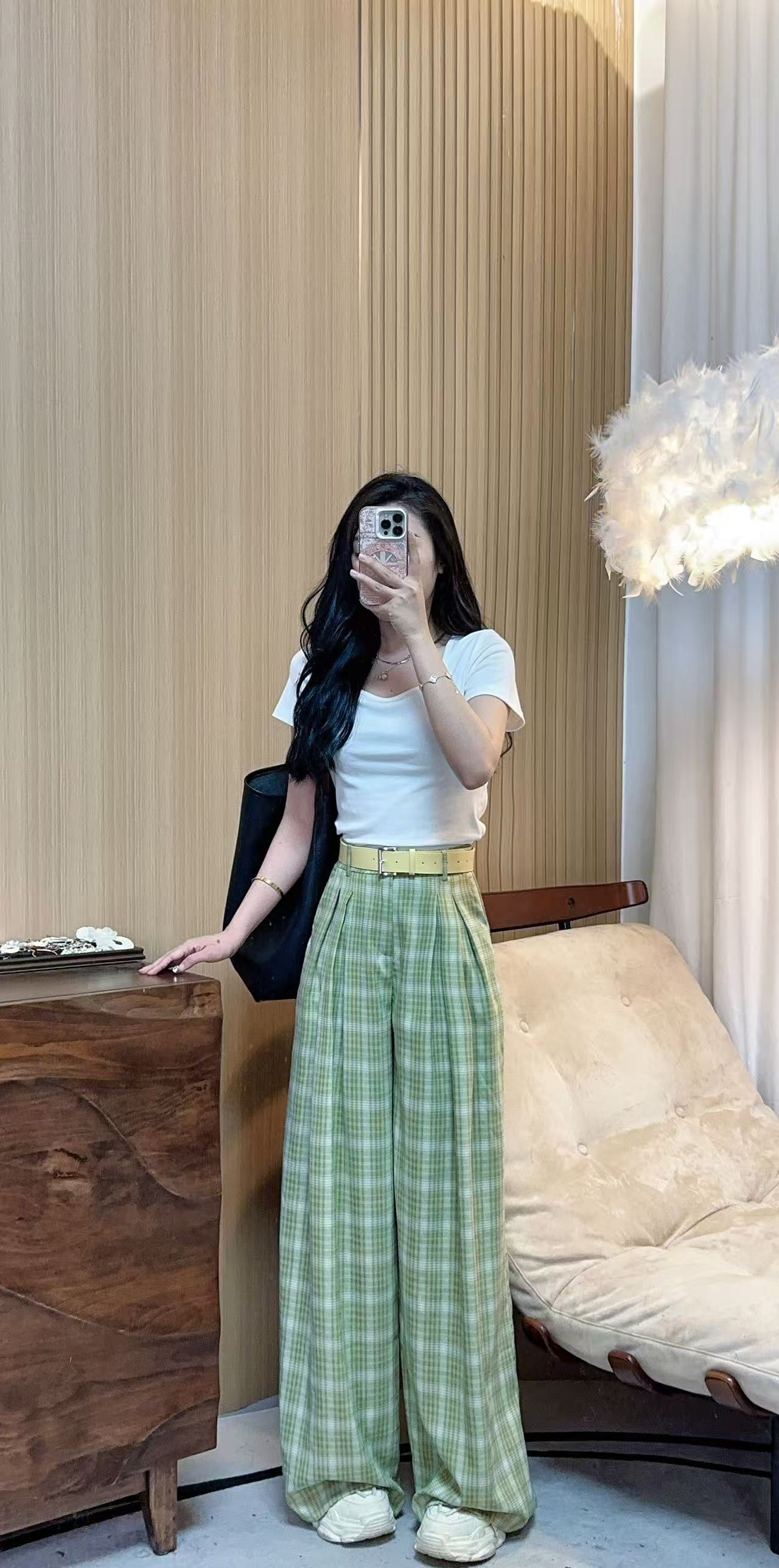 【海南简爱】夏季宽松慵懒风阔腿裤裙直筒格纹裤拖地裤16602