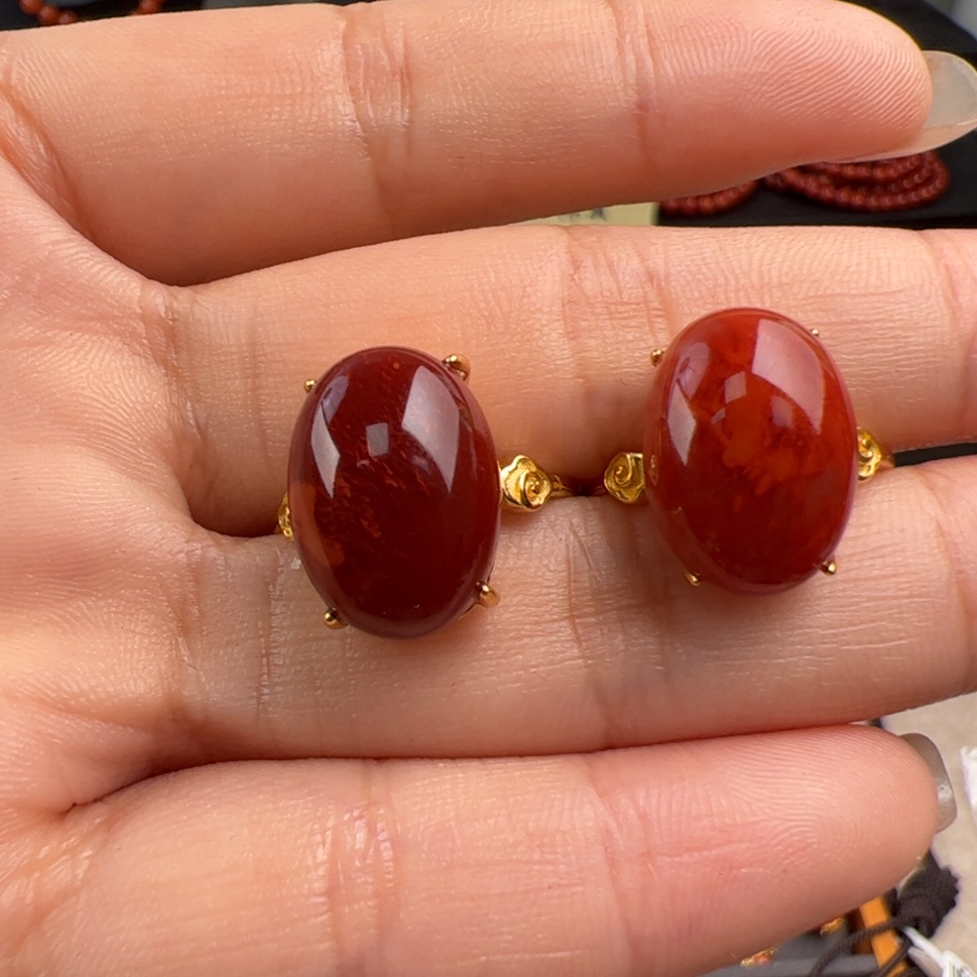 南红玛瑙银S925镶嵌（牛血火焰戒指16*11多样性发一