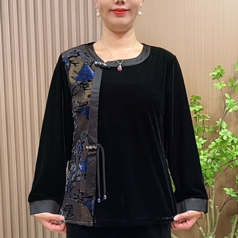 气质妈妈装秋装国风小衫中老年女装秋季大码宽松丝绒复古打底衫