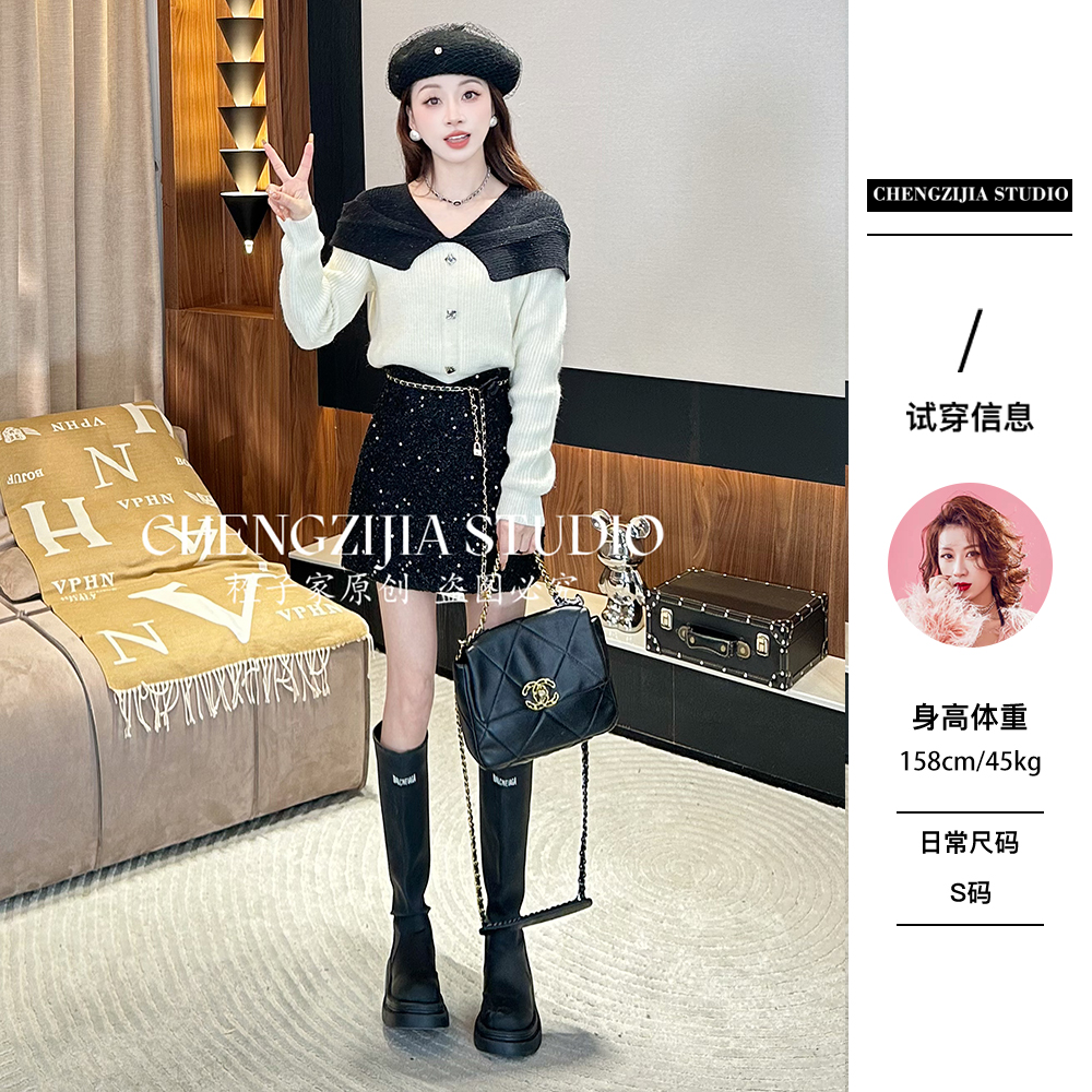 【裴诗婷】橙子studio【别具一格】MY0745翻领拼接V领开衫毛衣