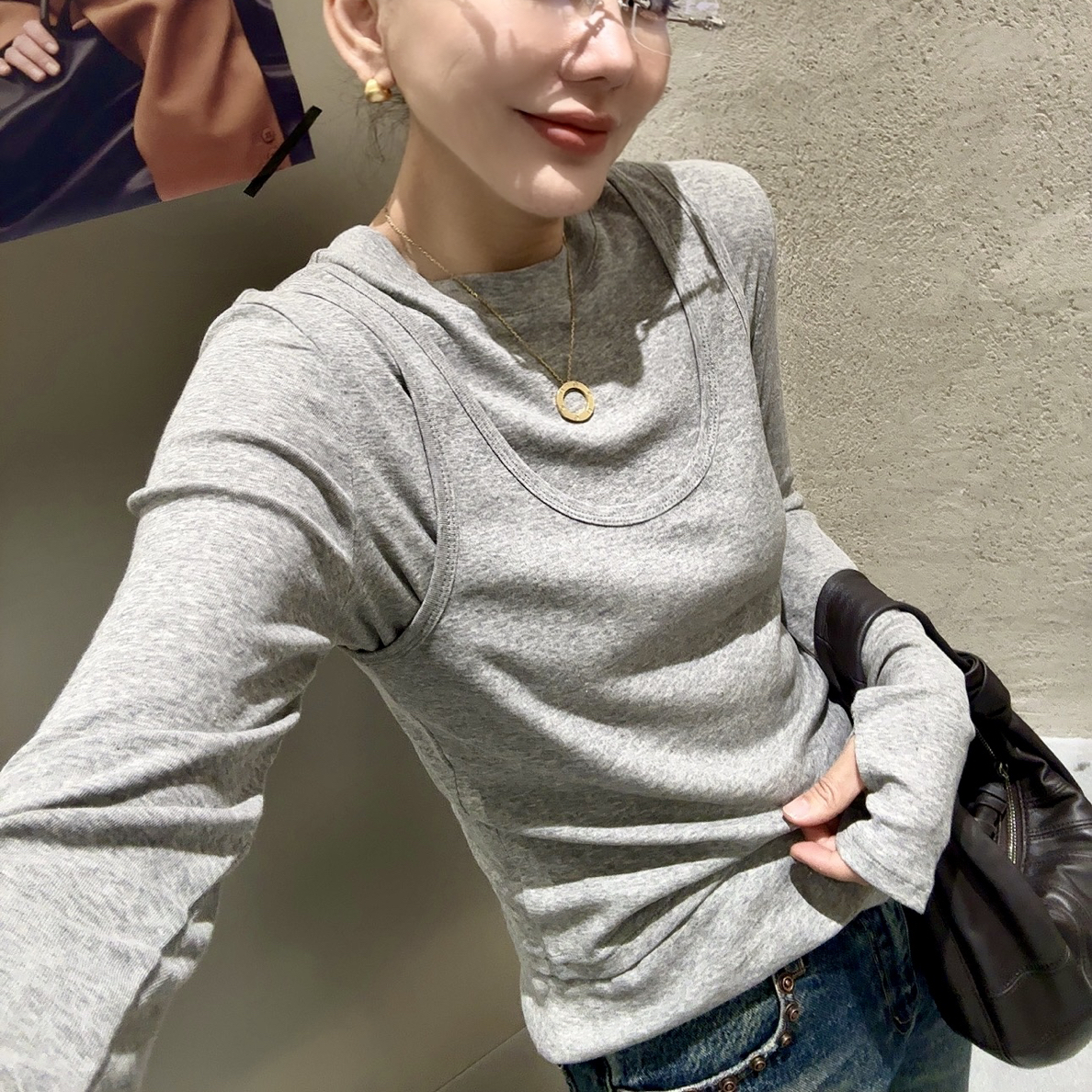 爆米花#259155早春福利高品质真两件上衣，衣长：57cm