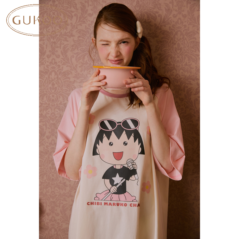Gukoo果壳夏季樱桃小丸子纯棉卡通插肩袖宽松家居服睡裙可外穿