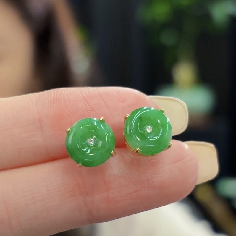 【陌玉精选】缅甸A货翡翠满绿高冰精美平安扣耳钉一对 多样性发