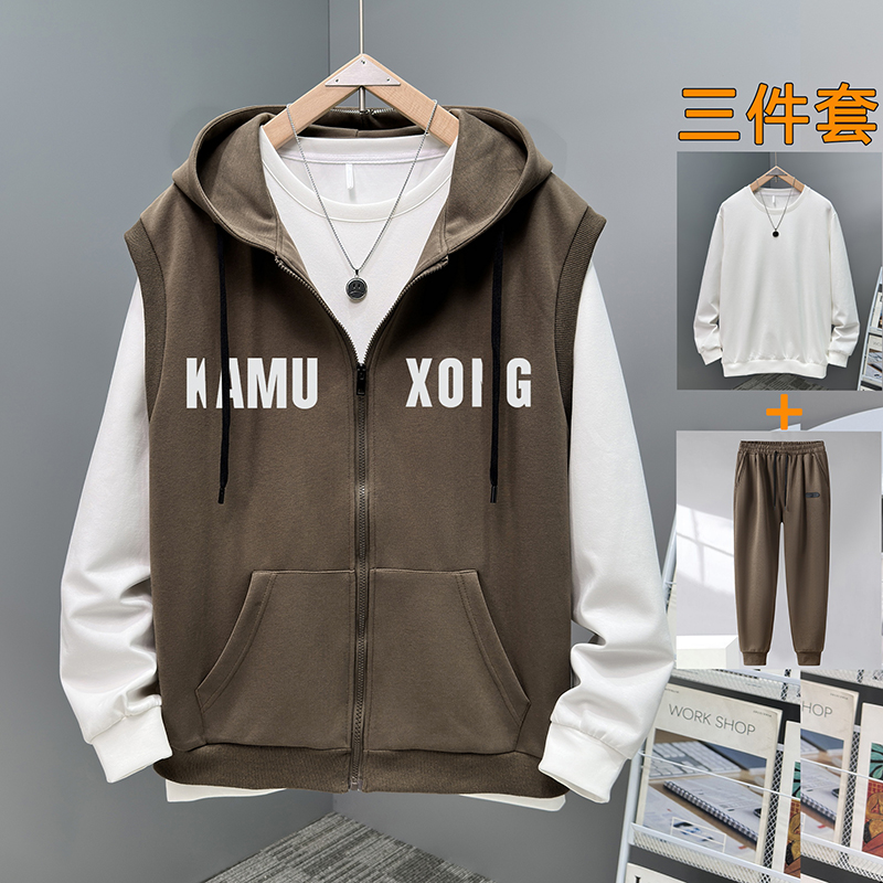 潮胖子360斤男士加肥加大运动休闲套装三件套马甲卫衣长裤显瘦潮