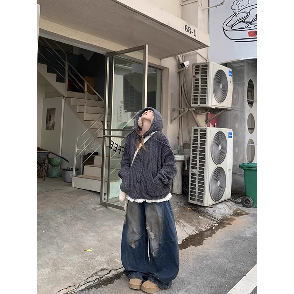 美式复古韩系慵懒风V领连帽针织毛衣女秋冬新款美式宽松显瘦外套