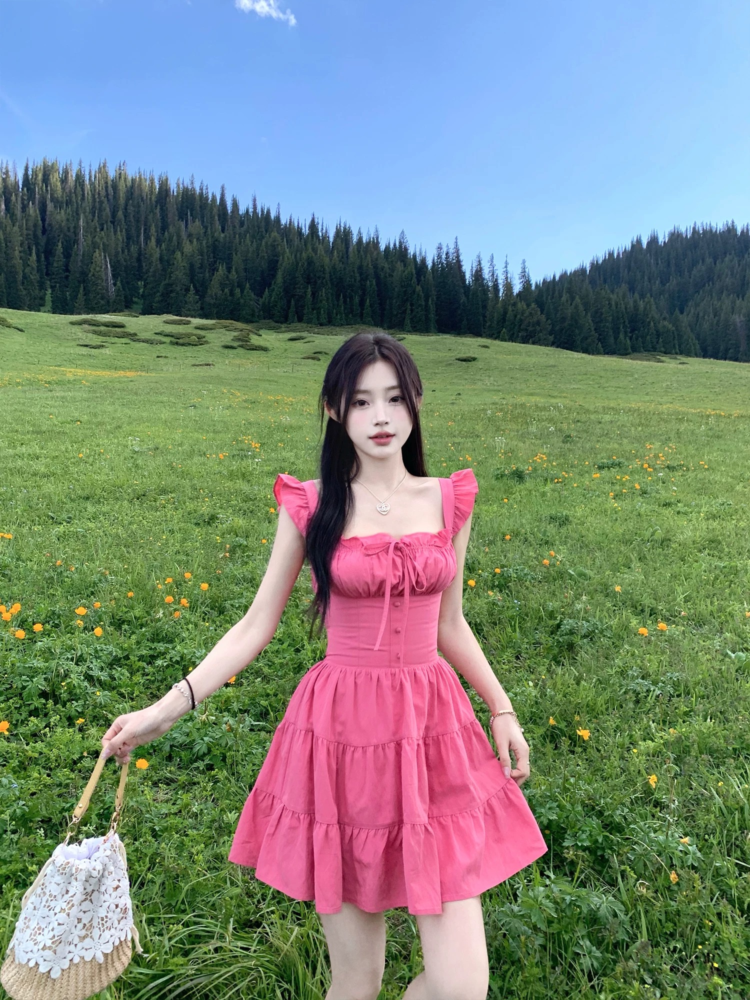 大喜夏季无袖连衣裙气质设计感高腰一字肩长裙（19.9~39.8）