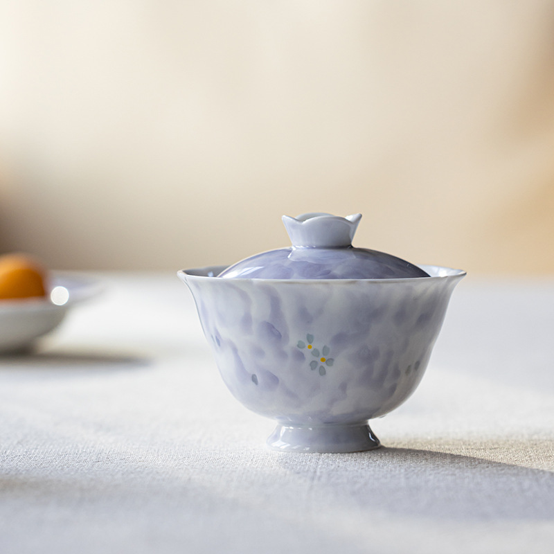 玲珑镂空二才盖碗高端陶瓷女士泡茶碗创意高档手绘紫玲花功夫茶具