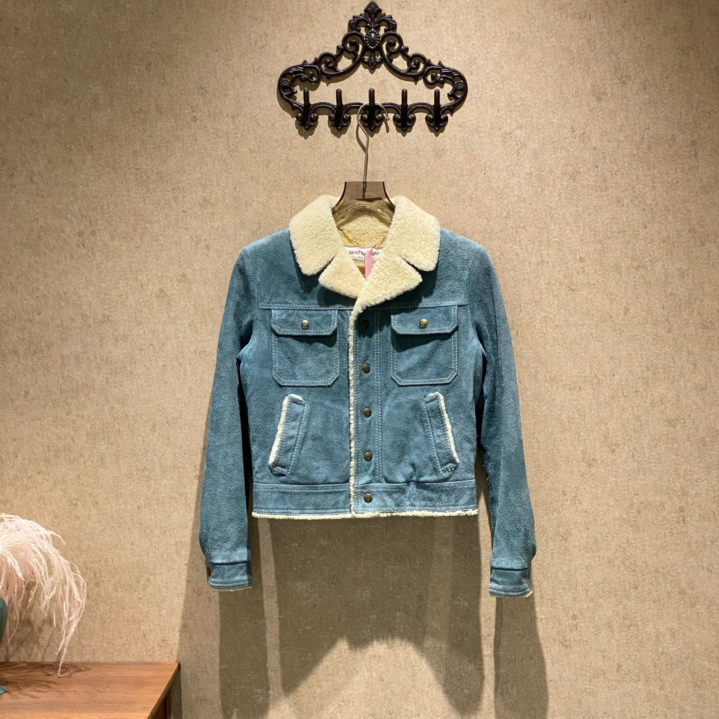 99新 YSL/圣罗兰 蓝色皮毛一体夹克外套/36码/35105