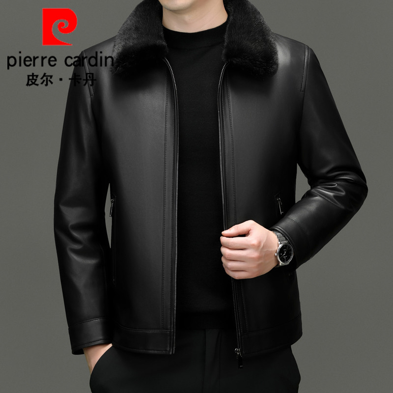 皮尔卡丹冬季白鹅绒内胆真皮皮衣男商务羽绒服可拆卸水貂毛领外套
