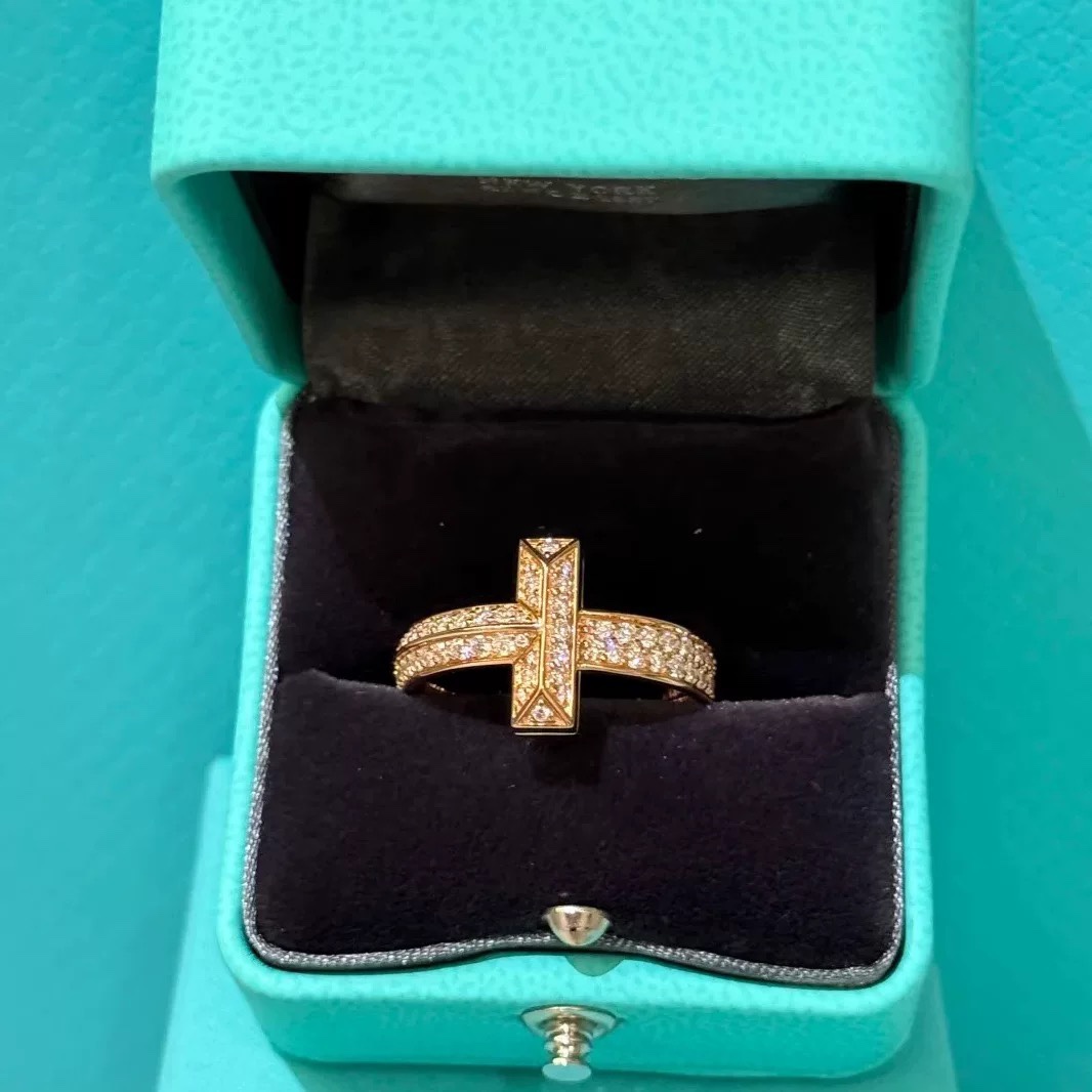 99新 Tiffany & Co./蒂芙尼 小花6珊  T1宽版满钻戒指玫瑰金 51码