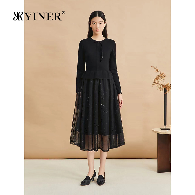 【优雅衣橱】YINER音儿专选2024冬季新款小蛮腰假两件针织连衣裙