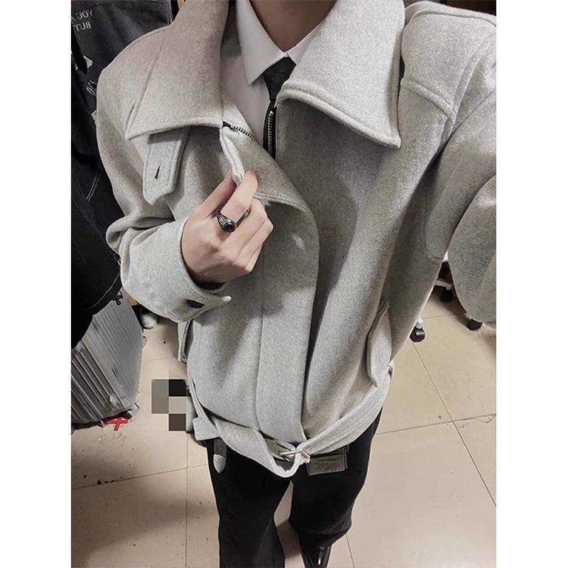 8235 复古灰色正肩绑带羊毛夹克男秋冬短款高级感呢子外套