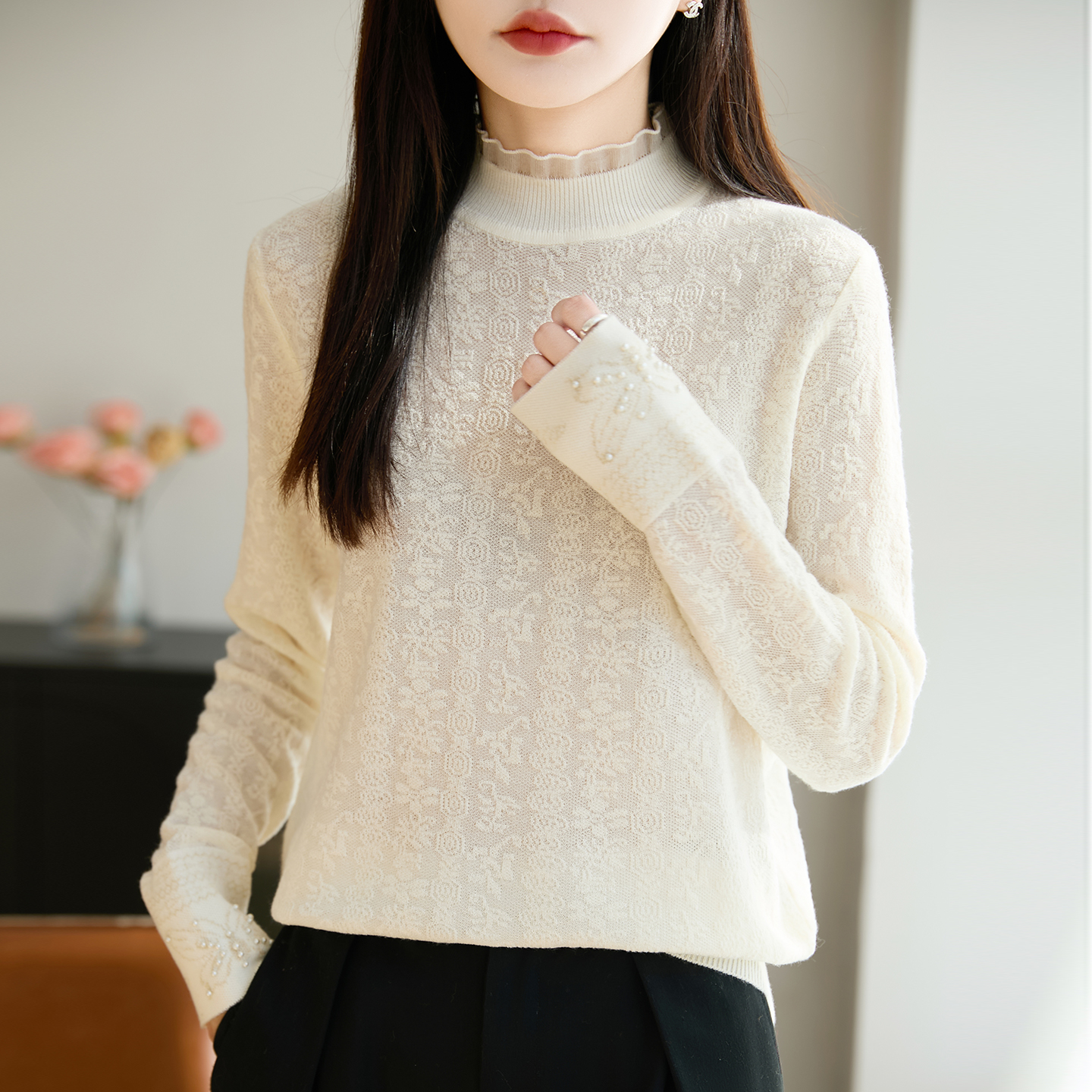 【柔软~亲肤】花边半高领精纺羊毛针织衫重工提花时尚女内搭长袖