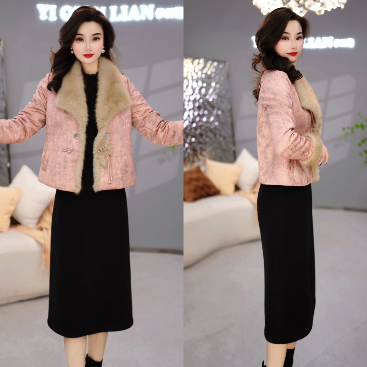 外套+连衣裙 2025冬季时尚复古中式气质加厚保暖毛领套装裙M-4XL
