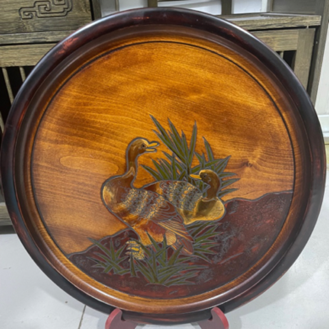 乌城雕实木手工浮雕茶盘茶道圆形干泡盘泡茶盘茶托盘复古尺寸39cm