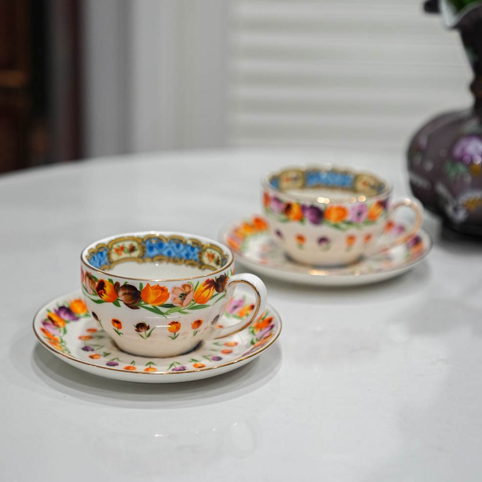 【奇居家居】郁金香系列强化瓷描金边咖啡杯两杯两碟套装#BD082