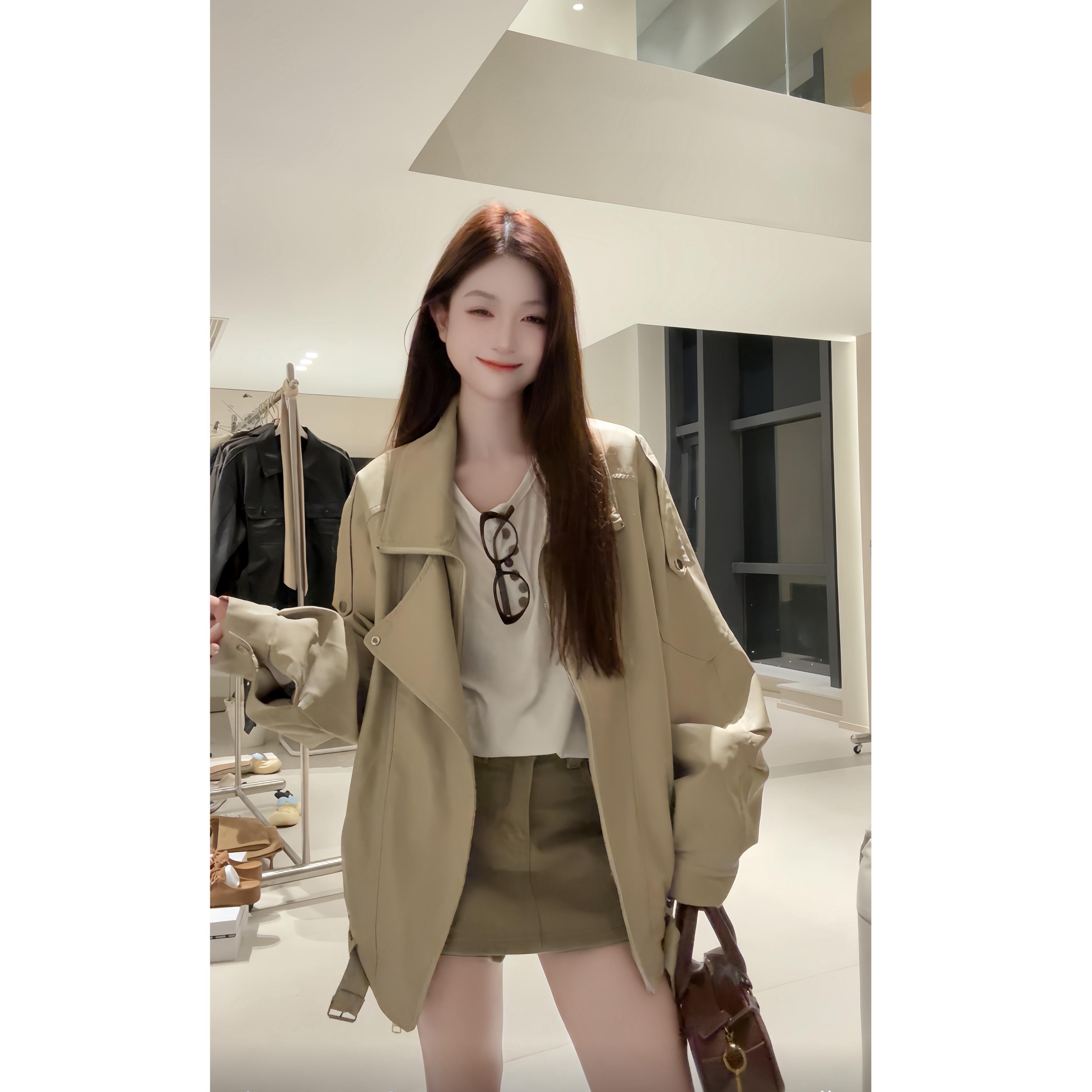 高端肌理感阔版双领机车皮衣女春秋时尚宽松显瘦