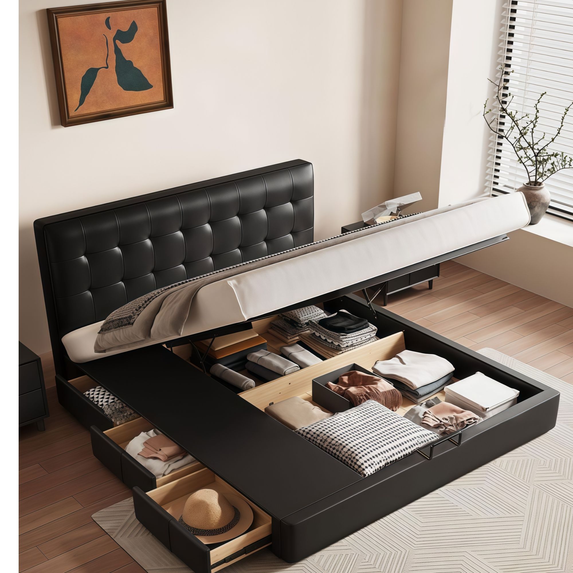 华夫格真皮床主卧现代简约储物床黑色小户型薄床头中古风双人大床