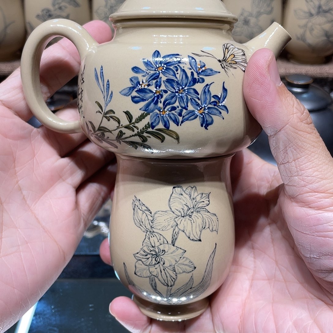 浅***i白泥茶壶放漏白泥青花釉茶壶兰花加杯子