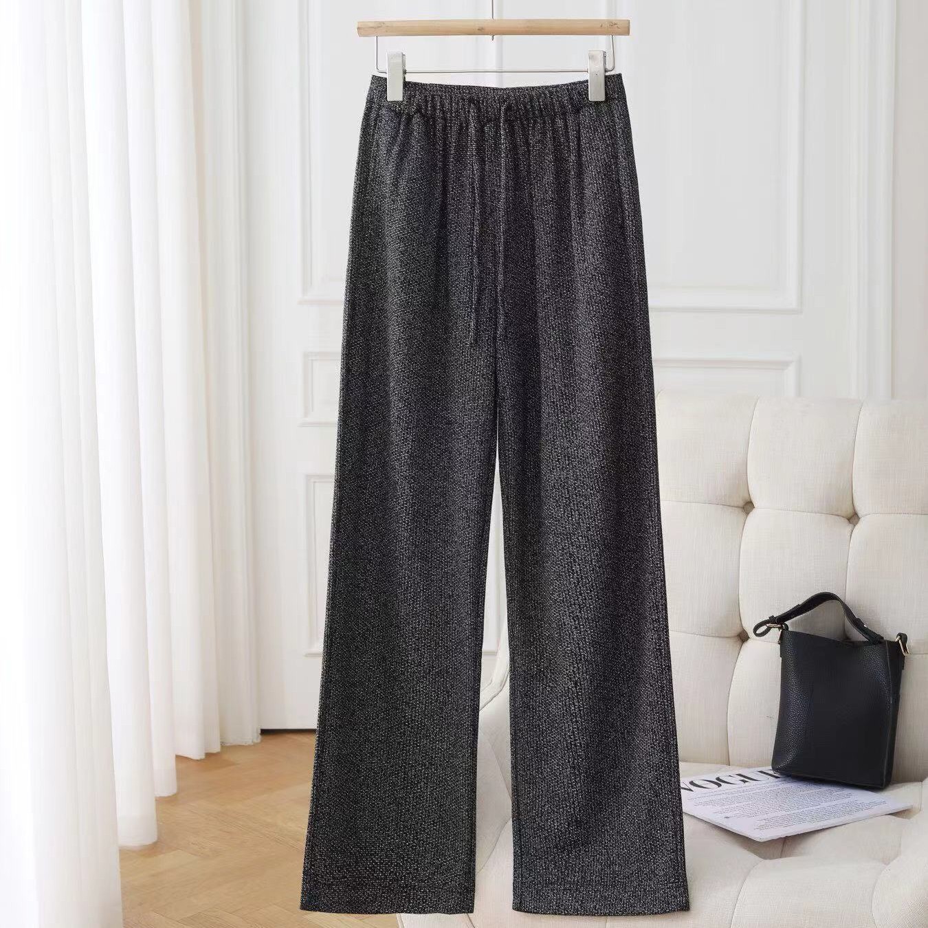 (8365）窄版女2025春秋新款高腰垂感休闲银丝直筒羊毛裤子