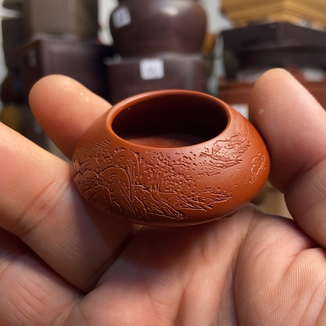 紫砂花盆孙伟手工制作带刻绘，内口经尺寸3×1.5