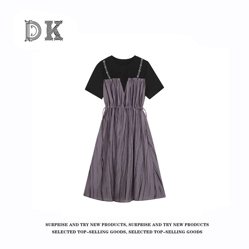 DK 2025夏季 女装设计感拼接假两件闪闪收腰显瘦连衣裙 99291