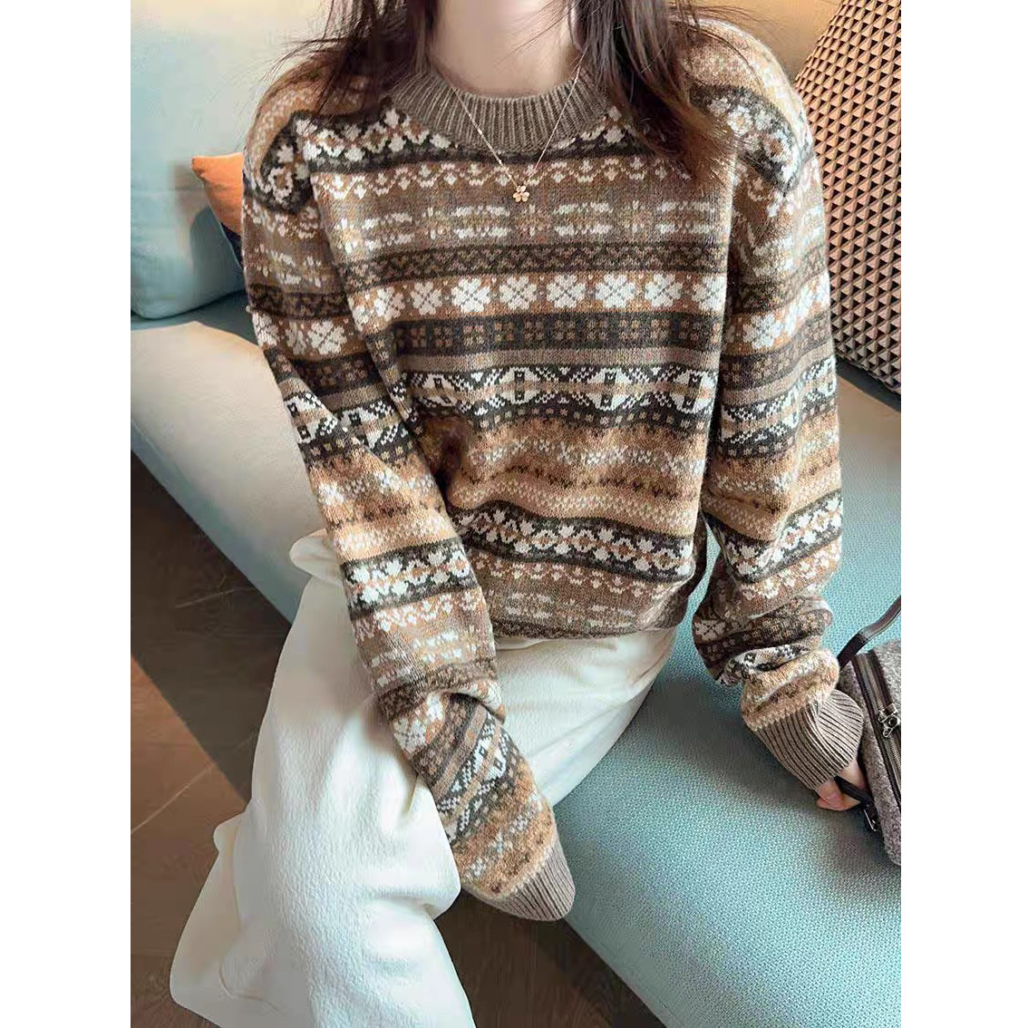 费尔岛风2025秋冬新款宽松圆领套头毛衣