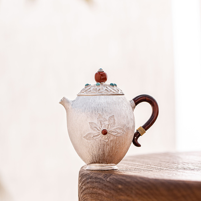 蜂鸟工坊 素小姐 纯手工木把莲蓬荷花荷叶拉丝茶壶 SXJA1023