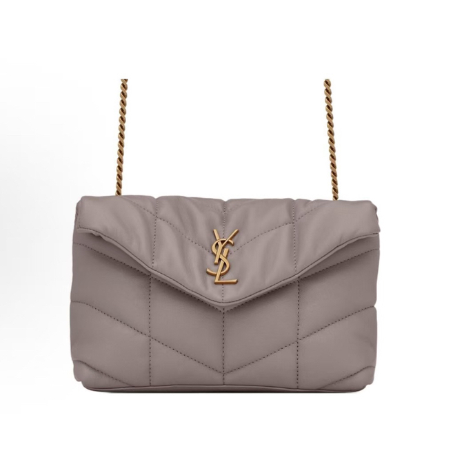 99新 YSL/圣罗兰 迷雾白灰金扣mini puffer云朵链条包 