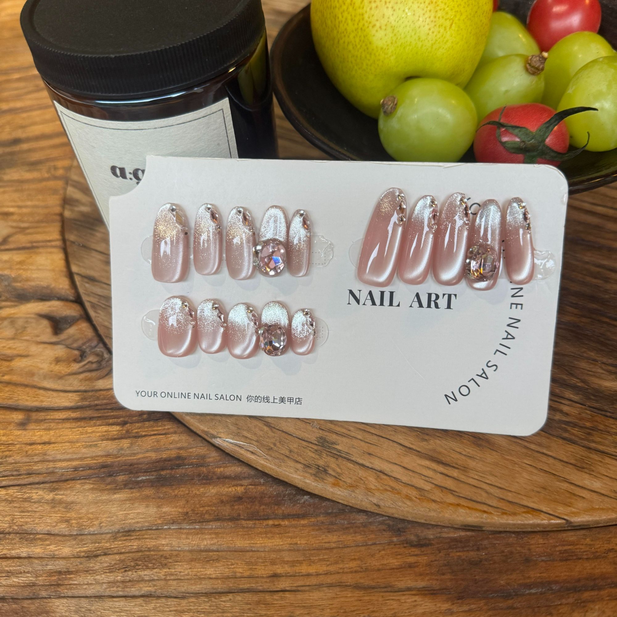 【粉芭乐】粉色爆闪双清透猫眼 锆石粉钻纯手工穿戴甲