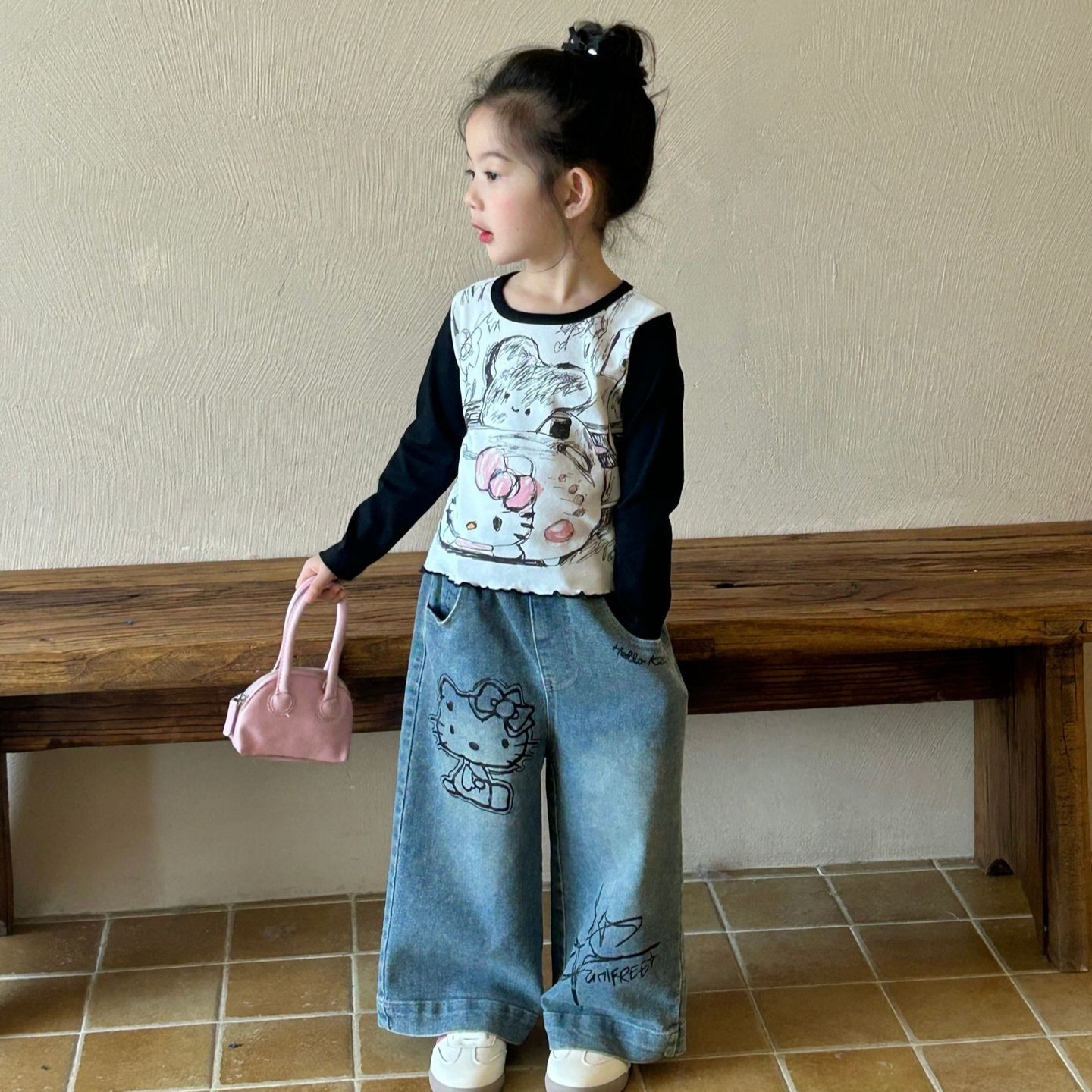 女童打底衫2025春季新款中小童2-7岁韩版休闲上衣韩版直筒牛仔裤