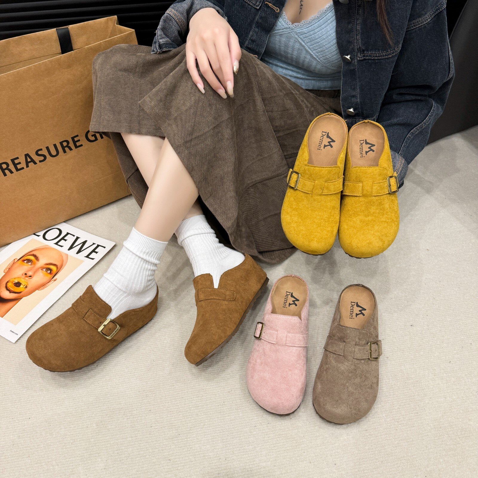 【陈秀秀女鞋】5CM秋冬厚底内增高百搭时尚外穿女勃肯鞋韩版包头拖