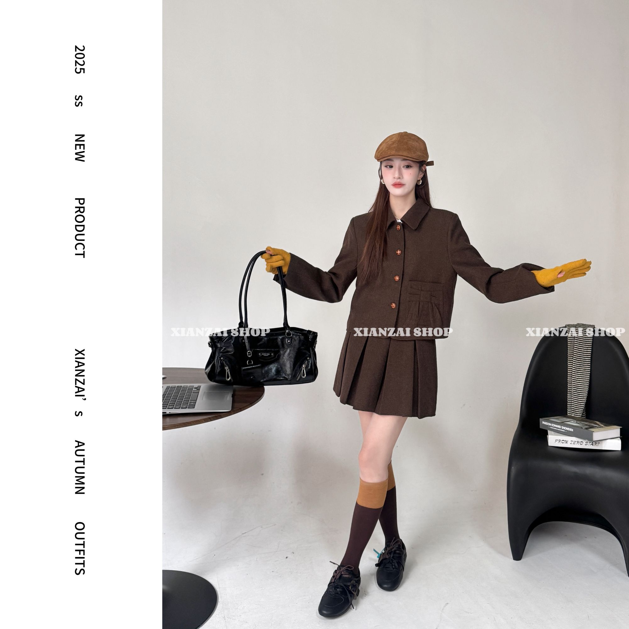 XIANZAI【甜心公主】秋冬新款韩系口袋蝴蝶结羊毛外套半裙两件套装