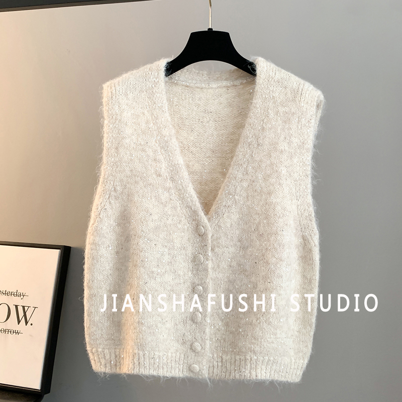 2025年新款软糯小众V领亮片针织开衫马甲