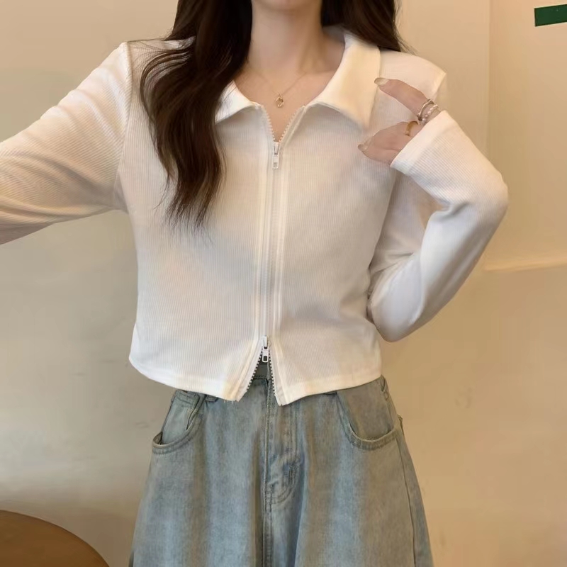 8883#POLO领长袖t恤女秋冬纯欲风辣妹设计感小众别致独特短款上衣