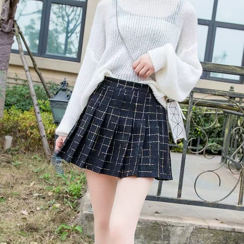 829#线条格子大码时尚百褶裙