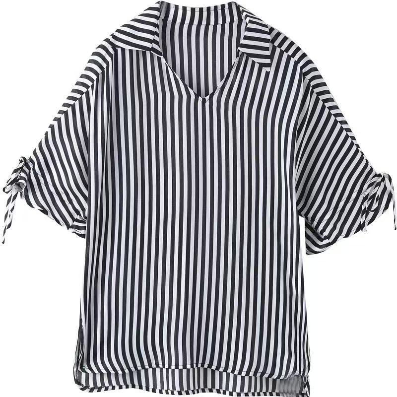 9987 条纹V领衬衫2025年夏季气质洋气时尚