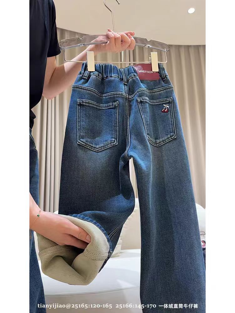 2025新款冬季女童牛仔裤女孩简约百搭加绒直筒裤儿童韩版休闲裤子