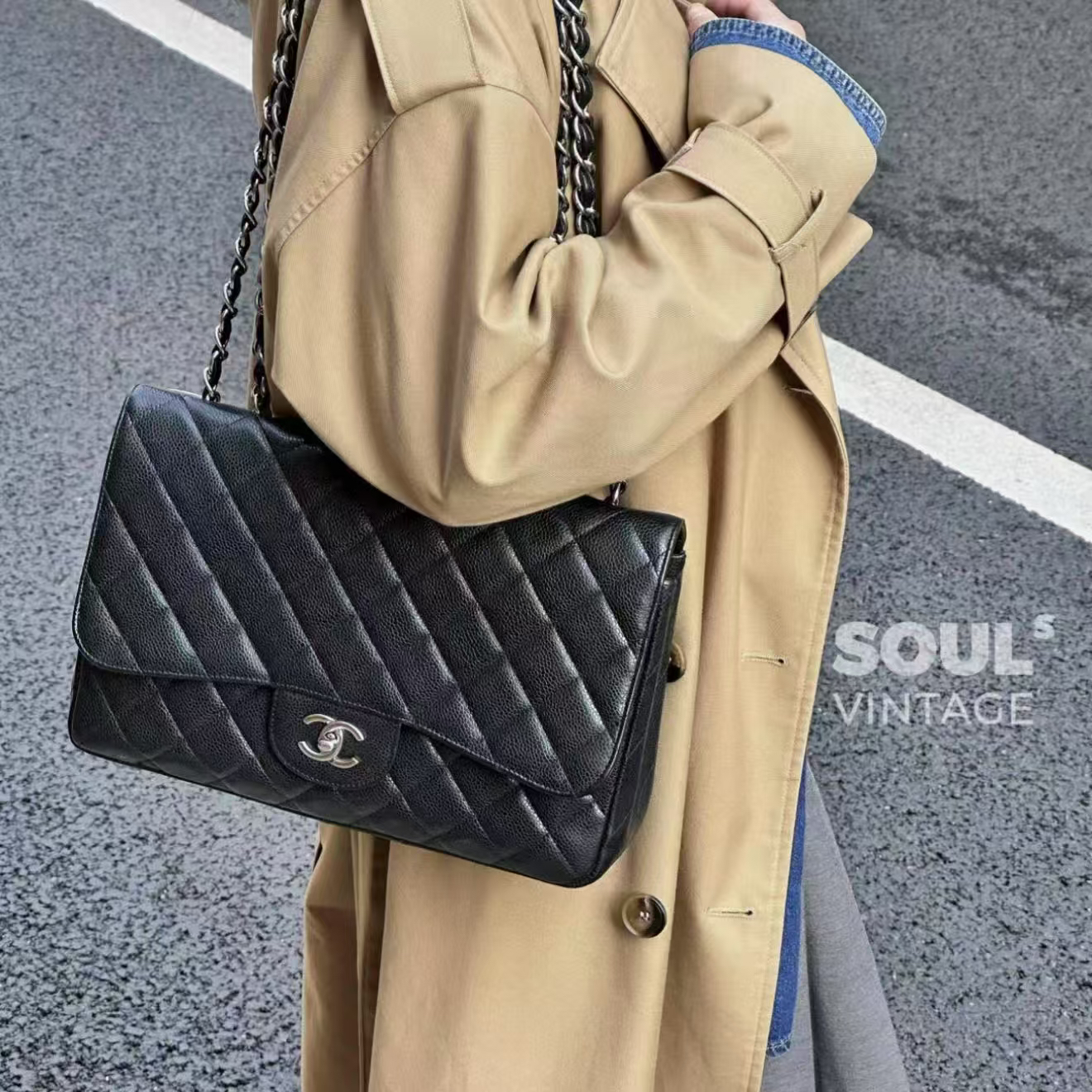 95新 Chanel/香奈儿 黑银鱼子酱经典cf jumbo双盖/618396428