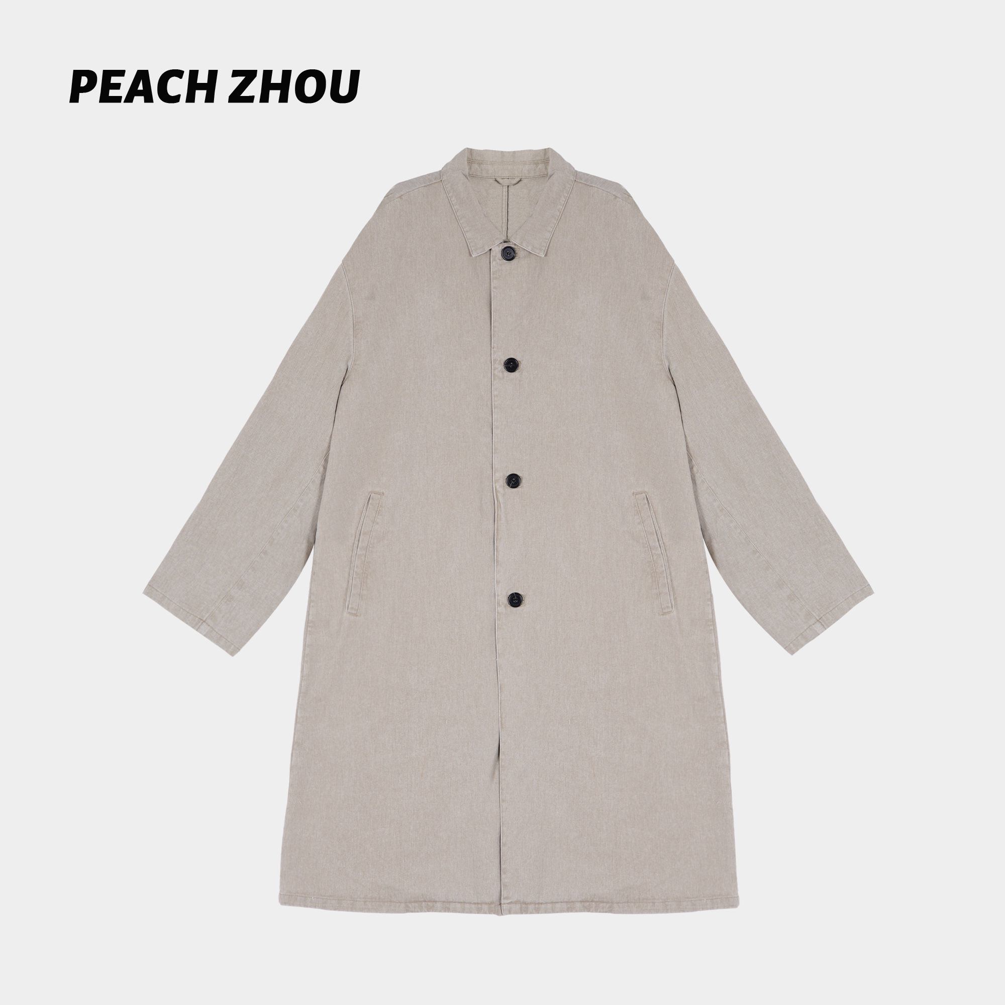 『PEACHZHOU』字母贴布水洗牛仔宽松翻领中长款外套休闲通勤风衣女