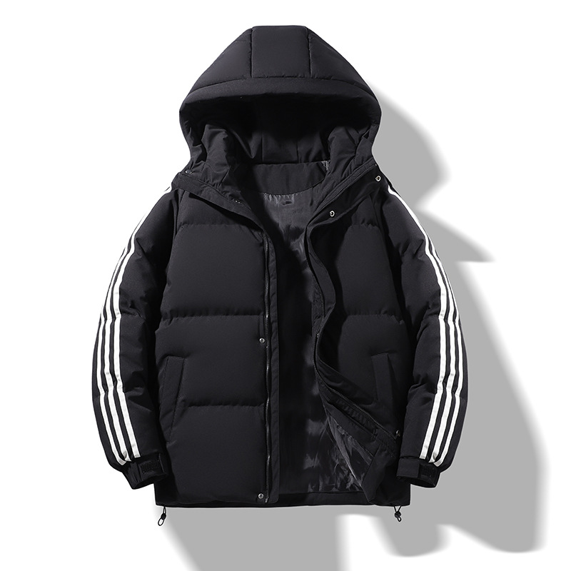 冬季男士加厚连帽三杠韩版时尚宽松大码保暖休闲中长款纯色拉链棉