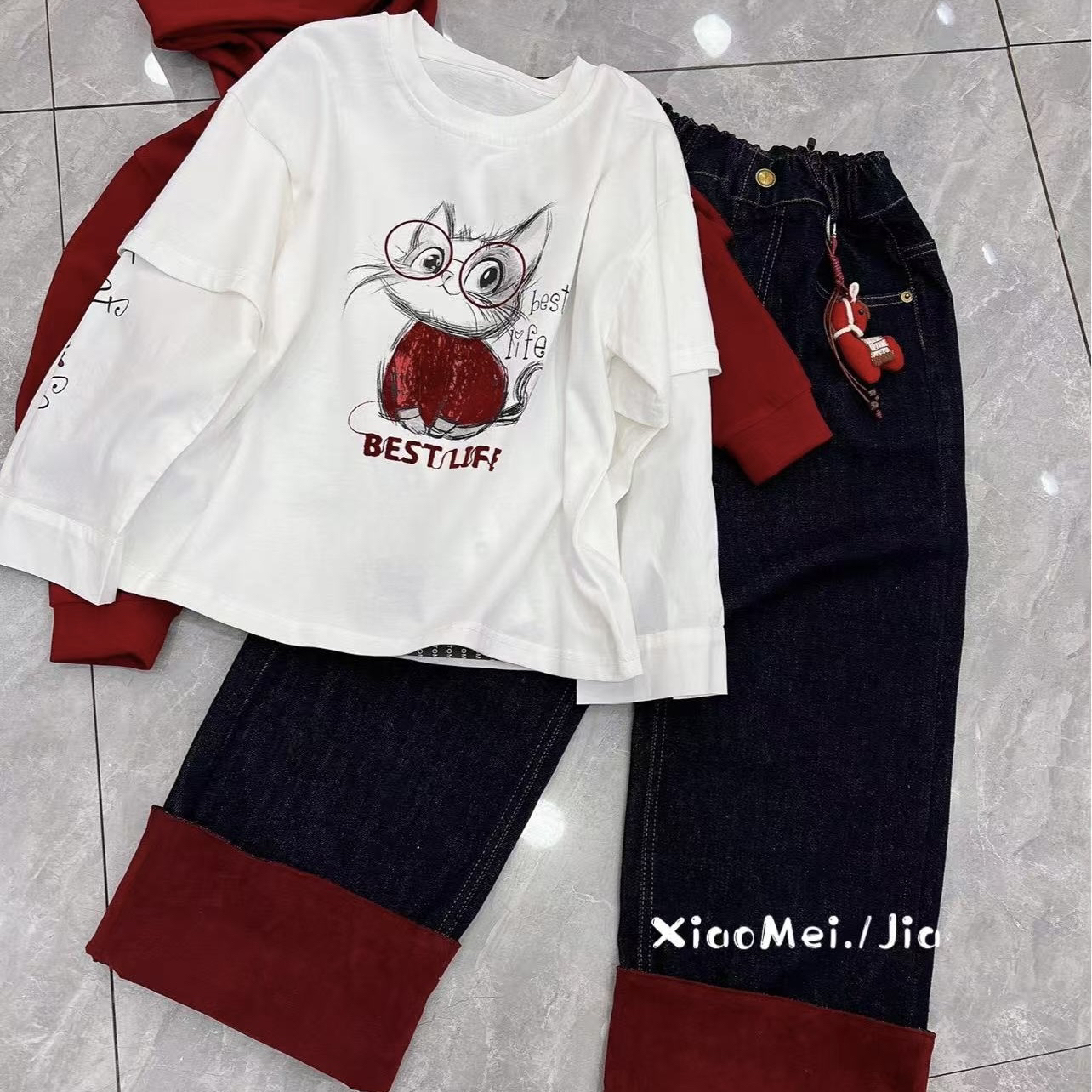 6015儿童拼接袖小猫T恤